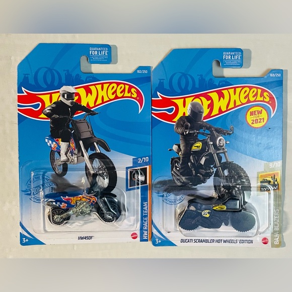 Hot Wheels Motorcycles HW450F Racer & Ducati Scrambler Baja Blazer NIB - Picture 1 of 9